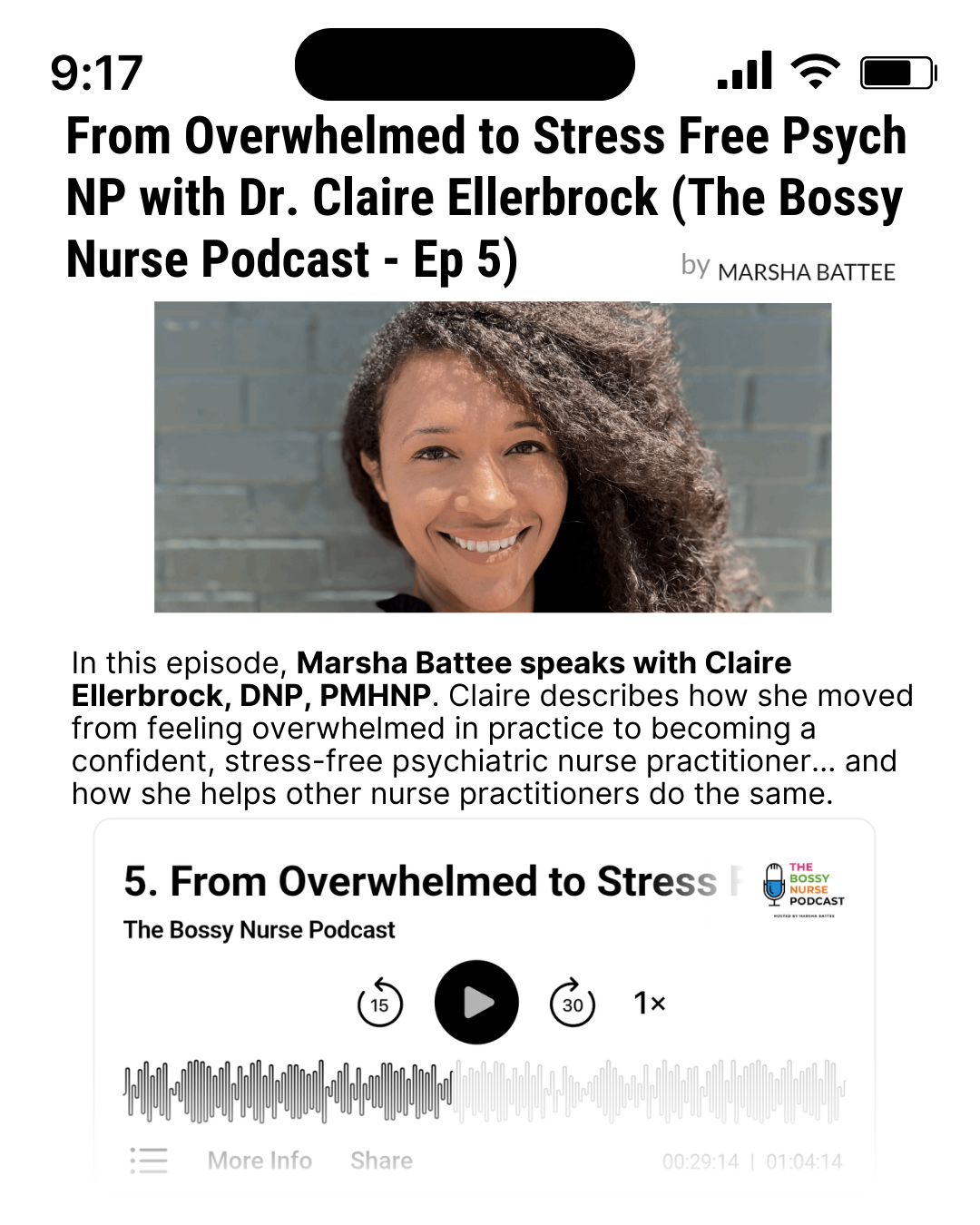 Screenshot of a podcast title, headshot, and player controls